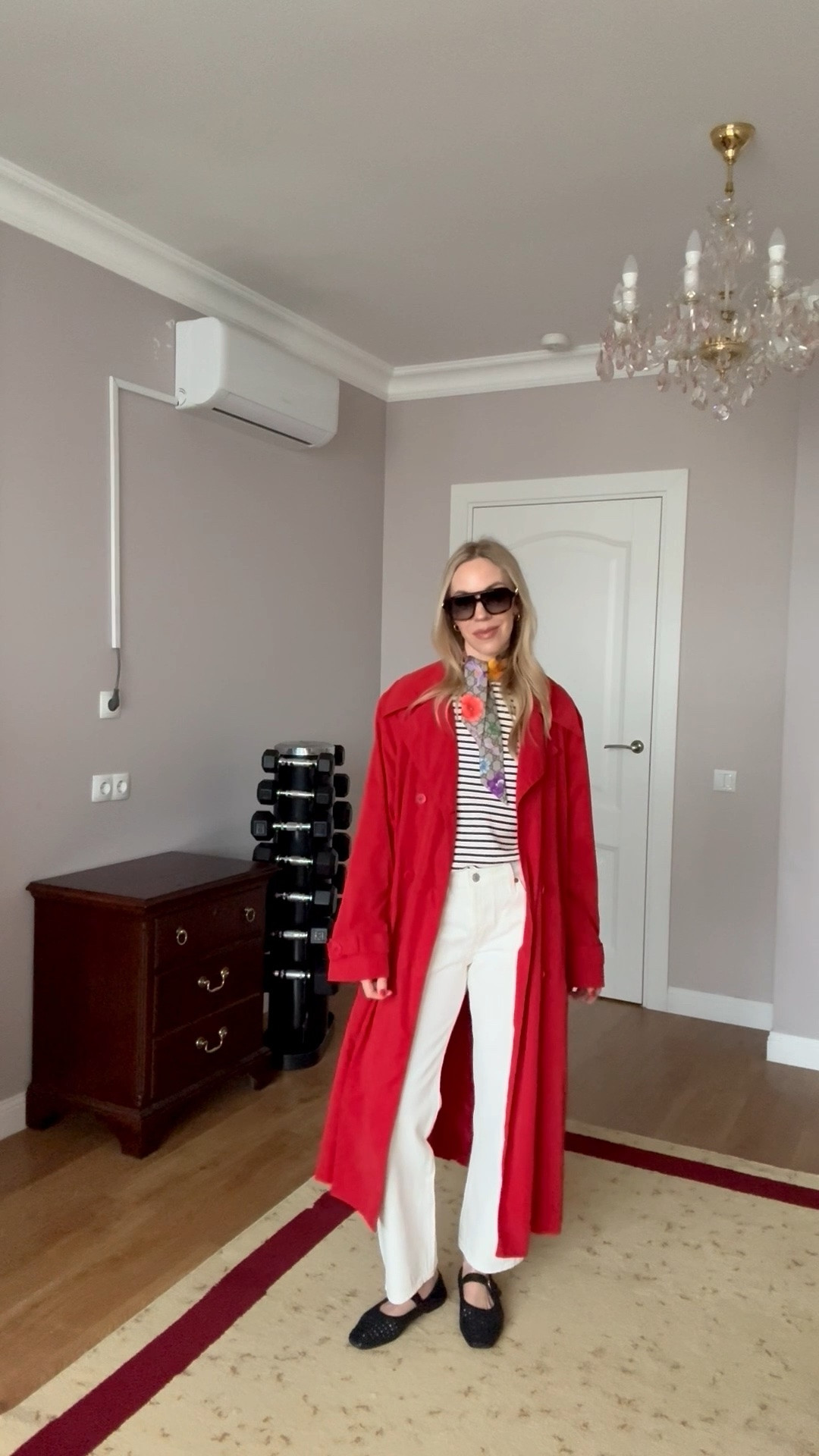 Spring outfit 2026, trench coat, red coat, Gucci floral print silk scarf, striped top, @levi white baggy jeans, Gucci aviator sunglasses

#LTKootd #LTKSeasonal #LTKOver40
