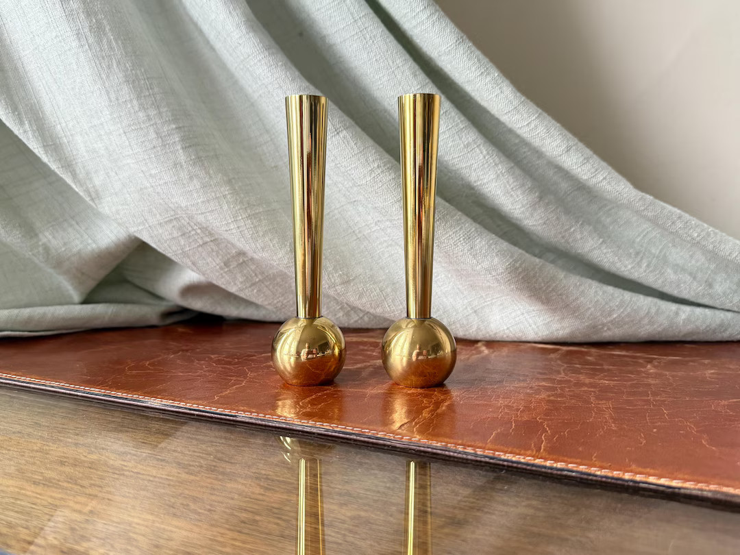 Vintage Art Deco Brass Bulb Vases Set of 2 1930’s English Bud Vases Solid and Heavy Polished Br... | Etsy (US)