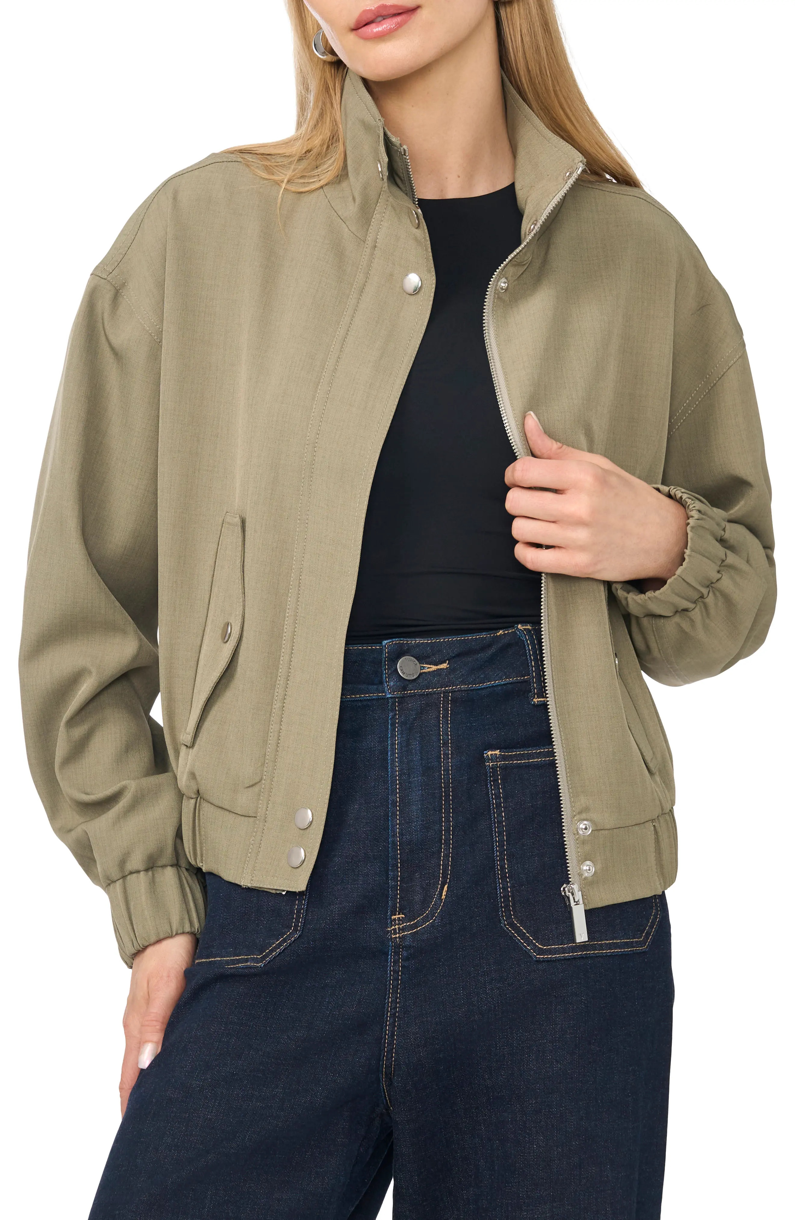 Vince Camuto Woven Bomber Jacket in Military Olive at Nordstrom, Size Small | Nordstrom