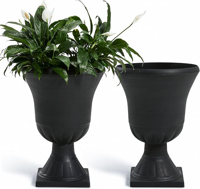 Worth Garden 2-Pack Plastic Urn Planters for Outdoor Plants, 22'' Black Tall Round Classic Resin ... | Amazon (US)