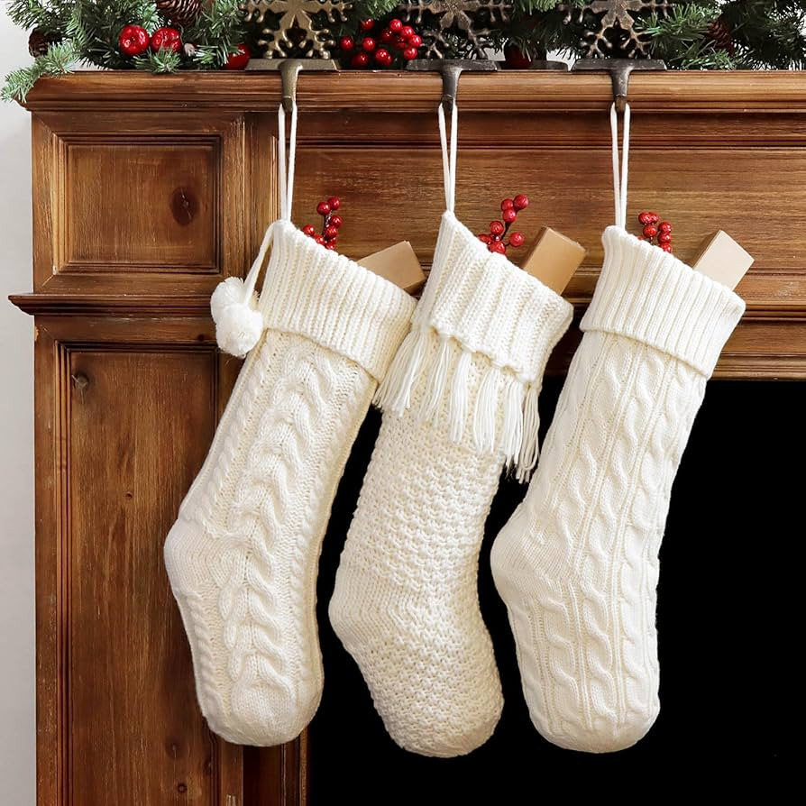 Amazon.com: LimBridge Christmas Stockings Cable Knit, 3 Pack 18 inches White Large Size Knitted S... | Amazon (US)