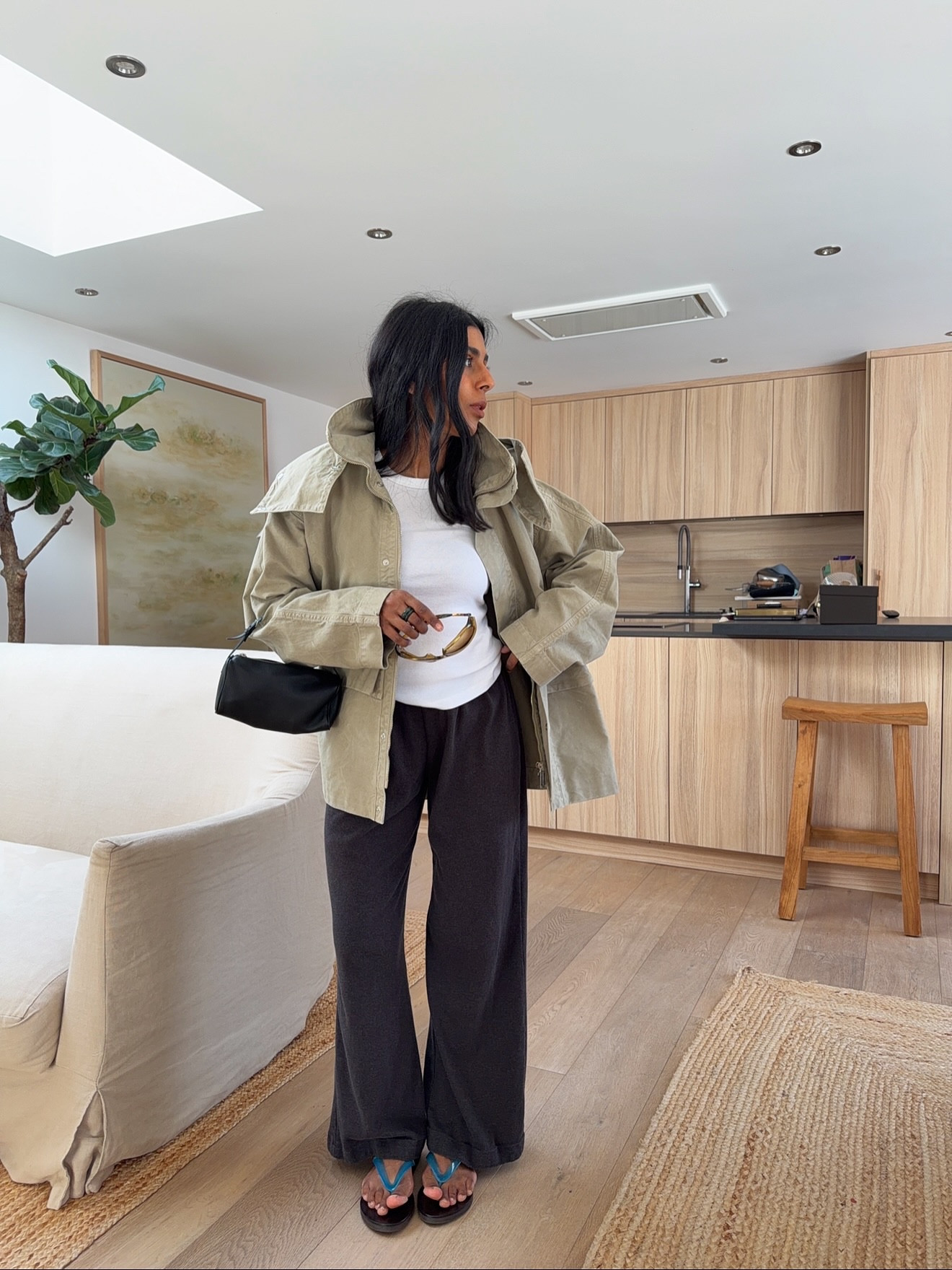 Flip flops and a coat. 
Shouldn’t work, but always does.