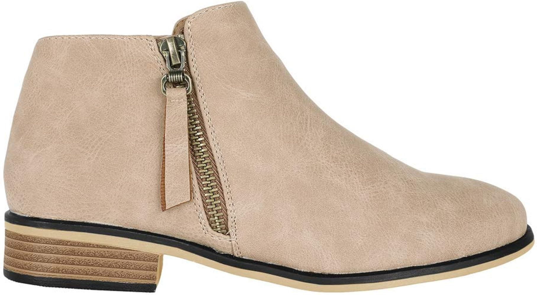 Ofenbuy Womens Ankle Boots Pointed Toe Faux Leather Stacked Low Heel Side Zipper Booties | Amazon (US)