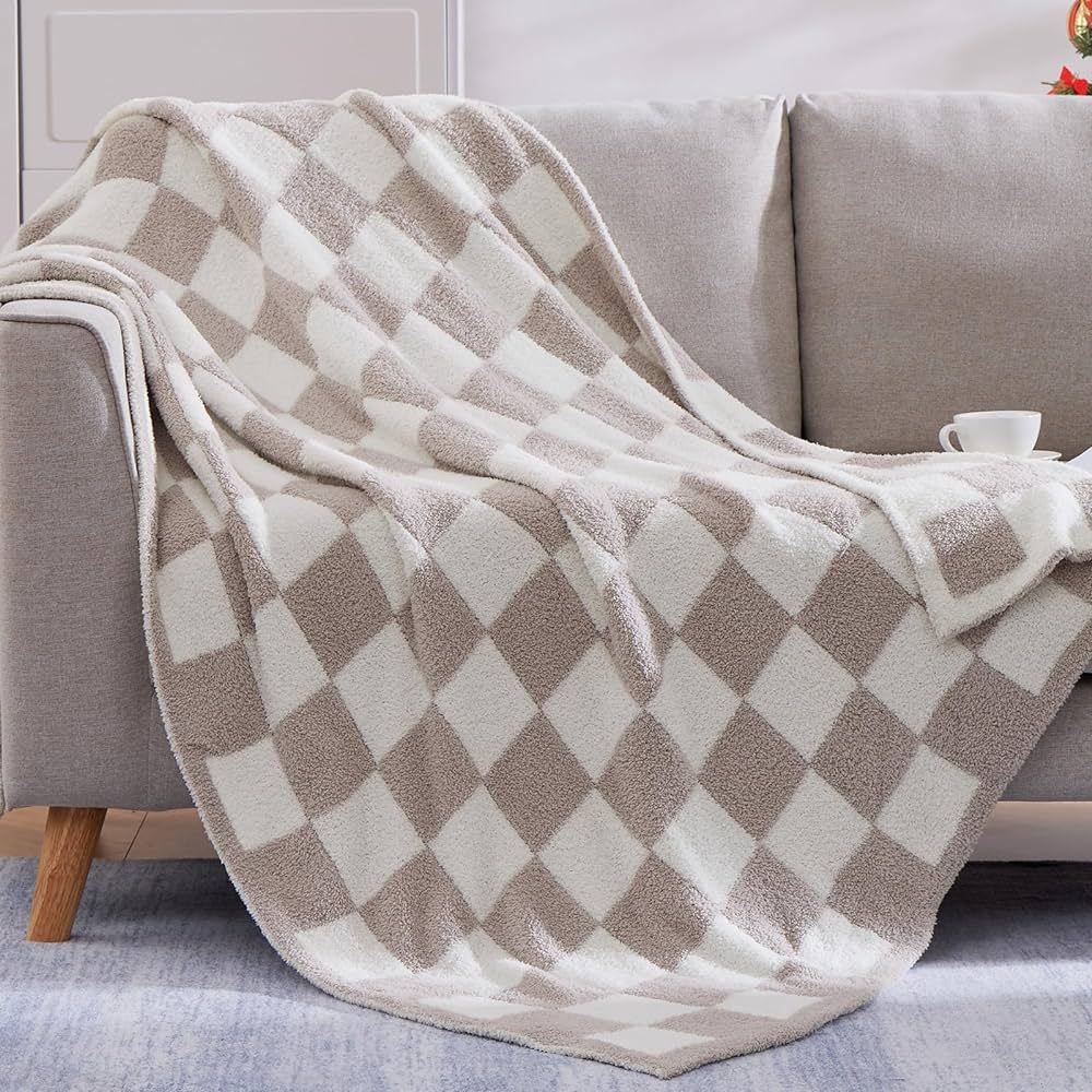 WRENSONGE Checkered Throw Blanket, Taupe Microfiber Soft Cozy Fluffy Warm Hand Made Throw Blanket... | Amazon (US)