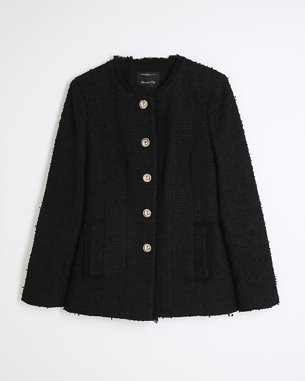 Black Collarless Boucle Jacket | River Island UK & IE