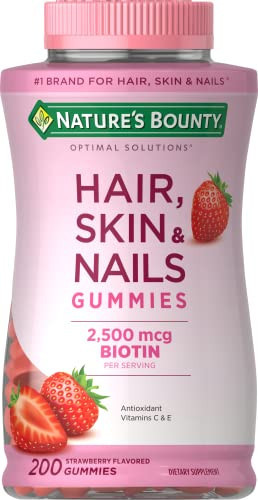 Nature's Bounty Optimal Solutions Hair, Skin and Nails Gummies with Biotin, 2500 mcg, Strawberry Flavored, 200 Count, 100 Total Servings | Amazon (US)