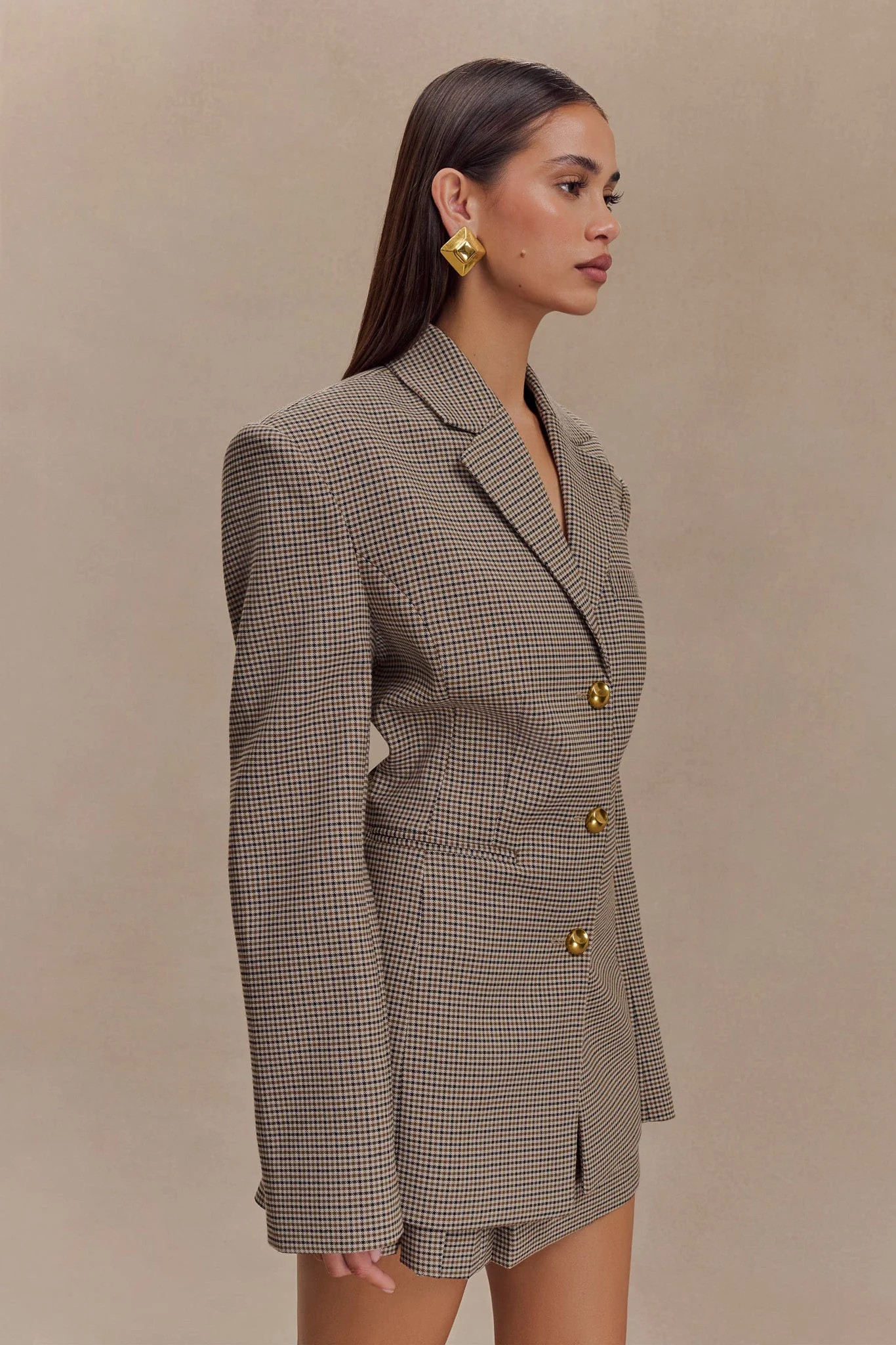Mila Shaped Blazer - Tan Check | Meshki (APAC)