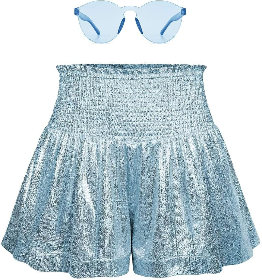 MAKARTHY Women's Metallic Shorts Elastic Waist Shiny Sparkly Rave Pants | Amazon (US)