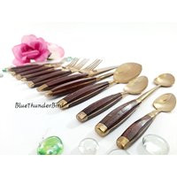 Service For 6 Vintage Mid-Century Modern Flatware Brass & Wood Teak Set Mcm | Etsy (US)