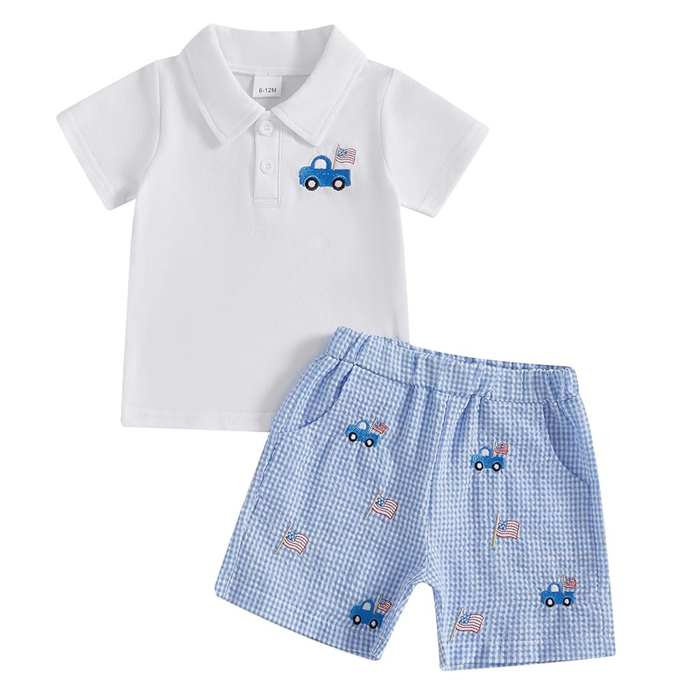 4th of July Baby Boy Outfit Toddler USA Flag Polo Shirts Gingham Plaid/Stripes Shorts Set Indepen... | Amazon (US)