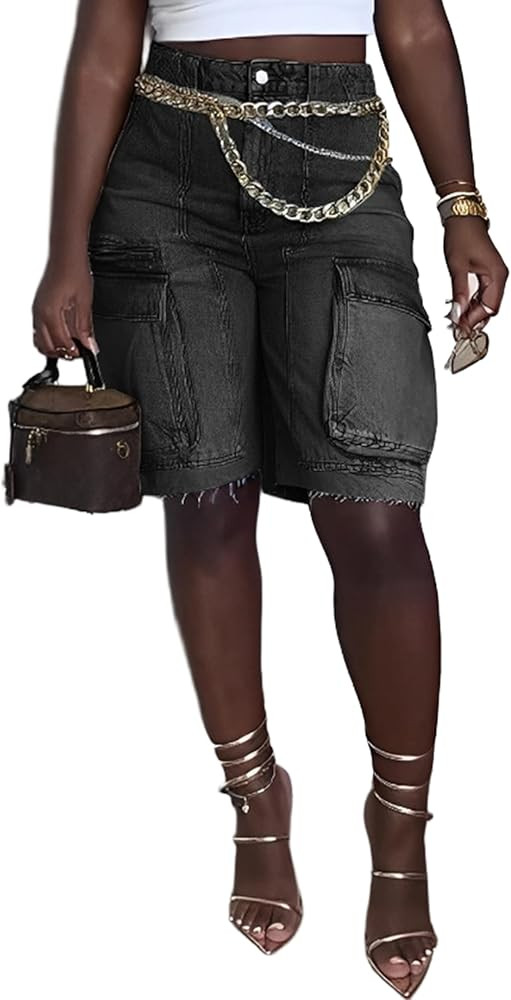 Denim Shorts Women High Waisted Summer Bermuda Stretchy Cargo Jean Casual Baggy Raw Hem Jorts wit... | Amazon (US)