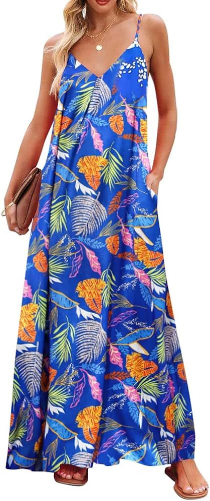 SIFLIF Women's Satin Casual Loose Summer Dresses 2023 V Neck Spaghetti Strap Floral Maxi Summer Beac | Amazon (US)