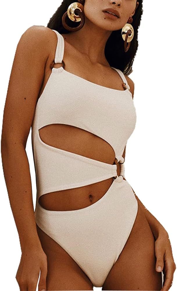 Women's One Piece Swimsuit Ring Cut Out Front High Cut Cheeky Bathing Suit Monokini Swimwear | Amazon (US)