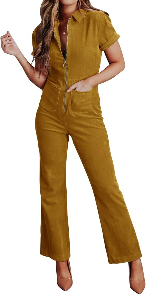 Women's Short Sleeve Corduroy Jumpsuits Zip Up Wide Legs Long Pants Rompers | Amazon (US)
