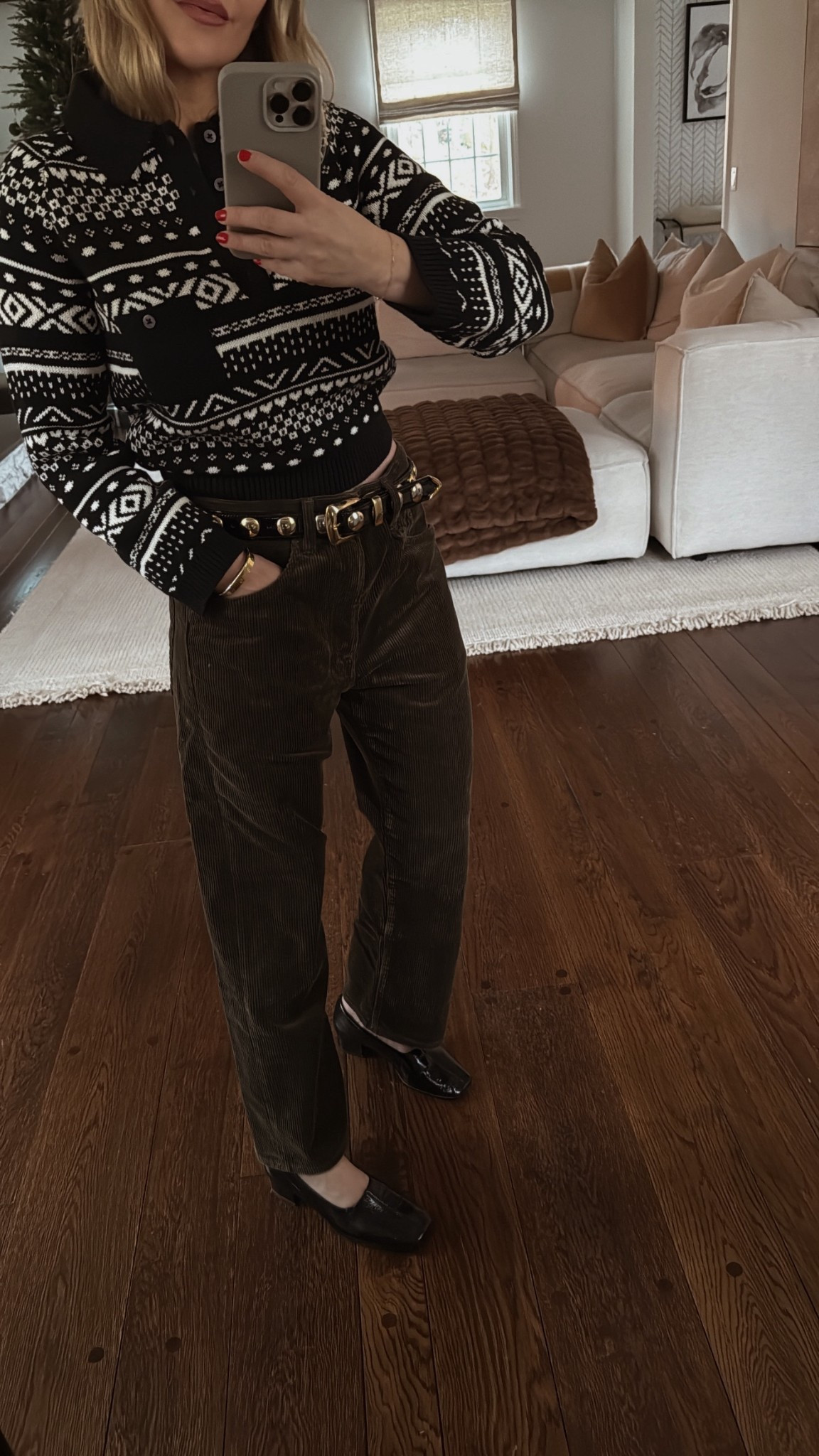 Sweater Xs- linked a few similar at much lower price points! 

Pants 25- also linked similar at lower price points 