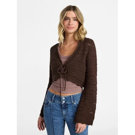 No Boundaries Tie Front Pointelle Cardigan, Women’s XXS-XXL | Walmart (US)