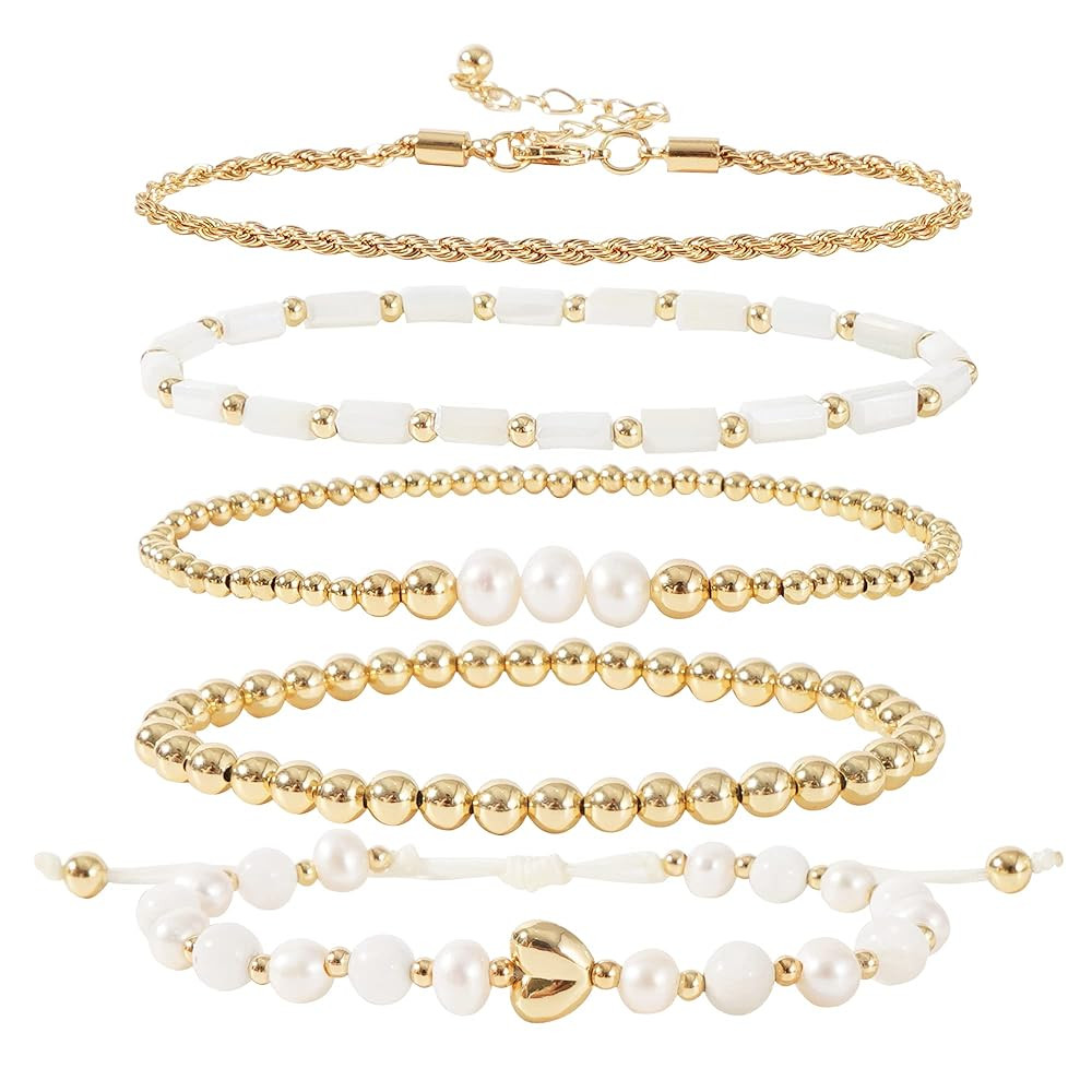 GOOJIDS Tiny Pearl Gold Heart Beaded Bracelets For Women Dainty Gold Plated Pearls Stack Layered ... | Amazon (US)