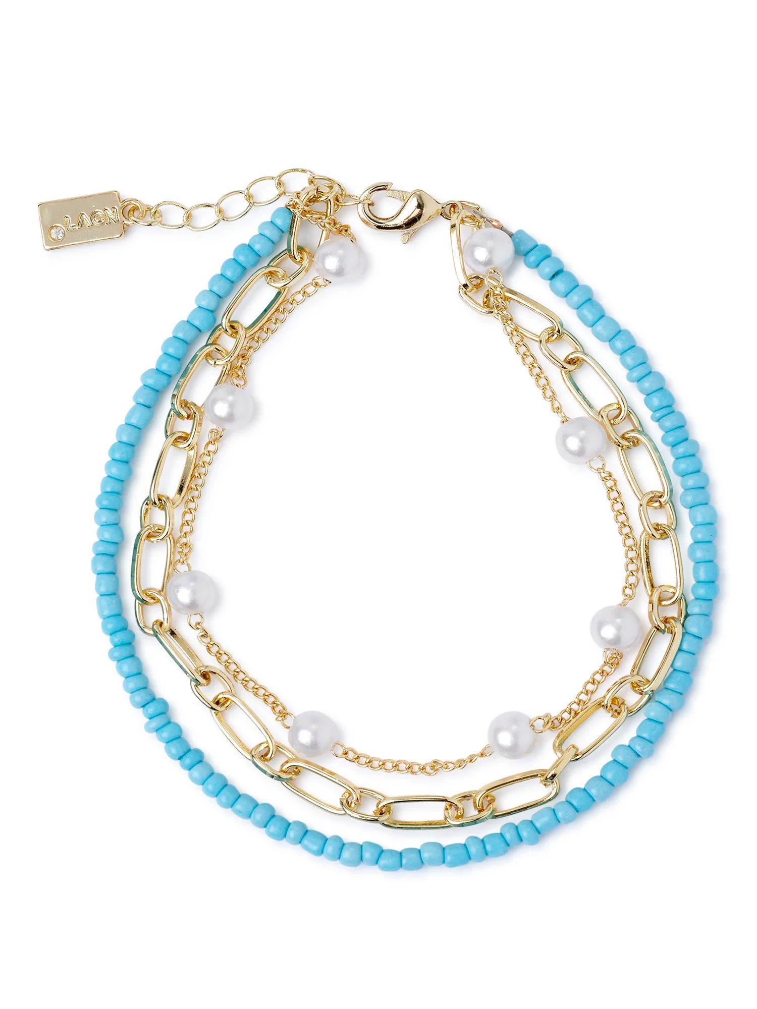 Scoop Women’s 14KT Gold-Plated Turquoise Bead, Clip and Chain Anklet with Faux Pearl Accents - ... | Walmart (US)