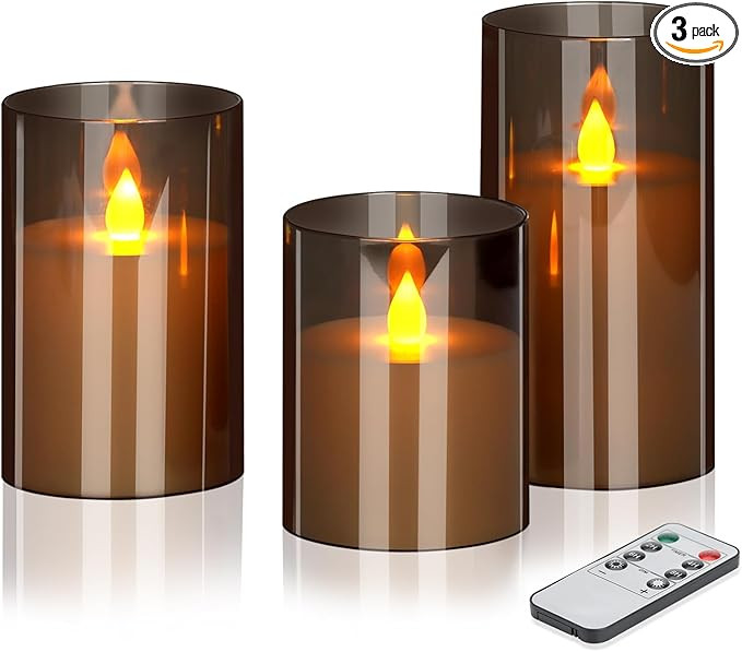 Flameless LED Candles with Remote Set of 3 Battery-Operated Acrylic Gray Pillars, 4", 5", 6" x 3"... | Amazon (US)