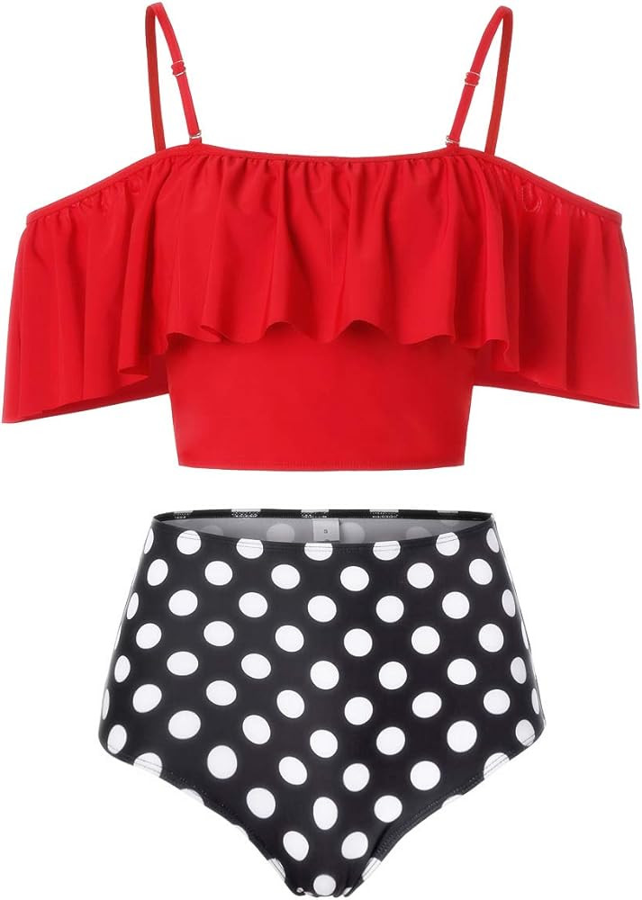 Kaei&Shi High Waisted Flounce Bikini Set,Tummy Control Swimsuits for Women,Off Shoulder | Amazon (US)