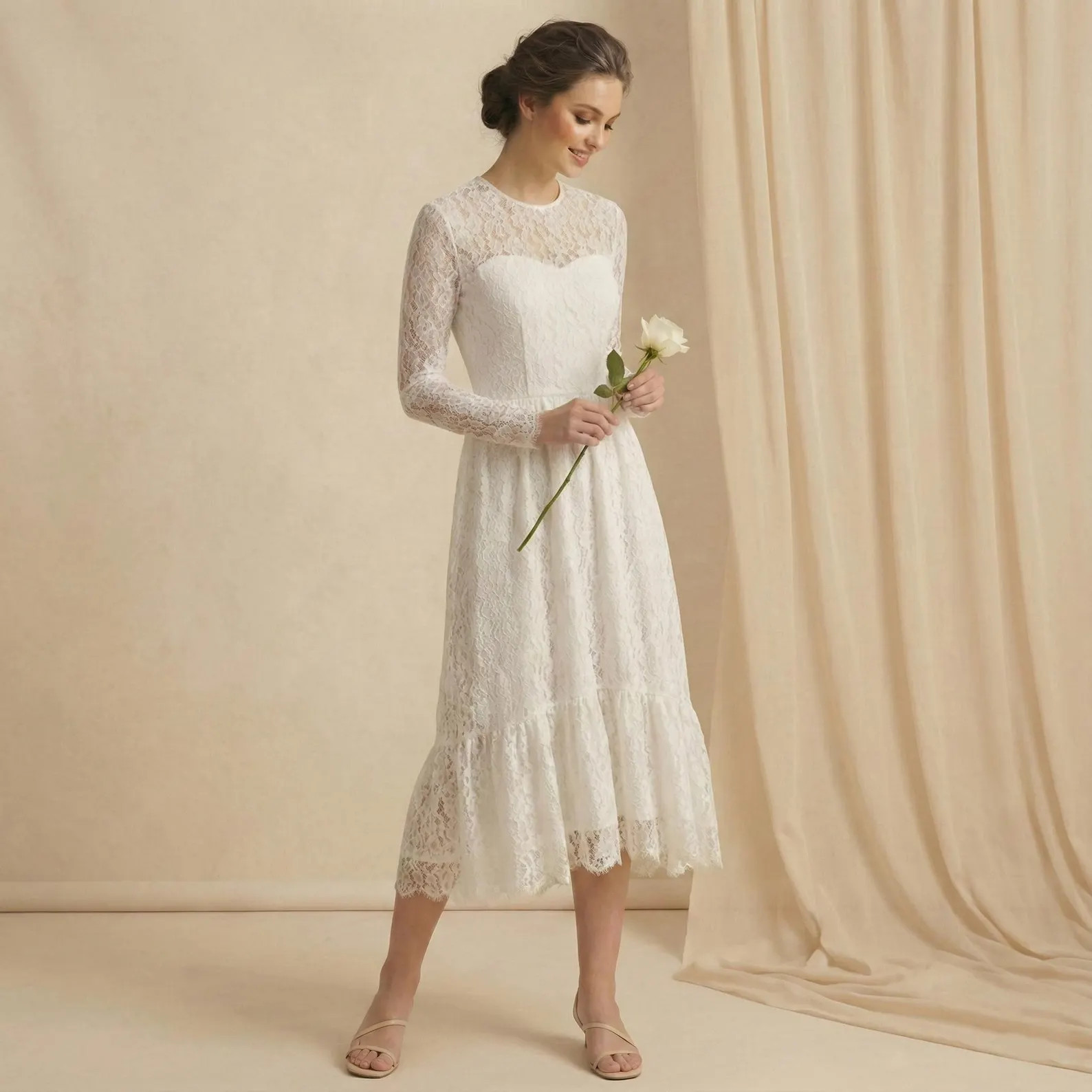 Bohemian wedding lace dress/ elopement dress/ Kate Middleton white Lace midi dress/ long sleeve b... | Etsy (US)