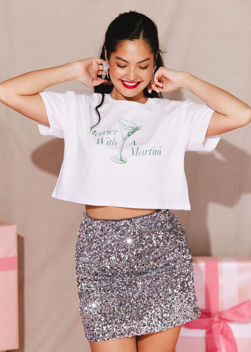 Merrier With A Martini Cropped Tee - White | Alice & Wonder