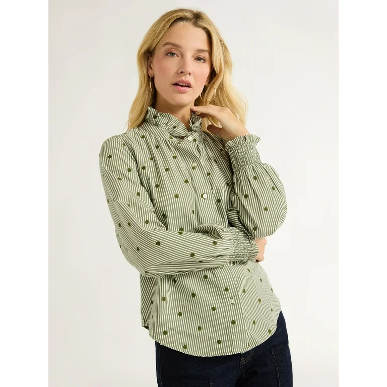 Free Assembly Long Sleeve Ruff Neck Blouse, Sizes XS-XXL | Walmart (US)