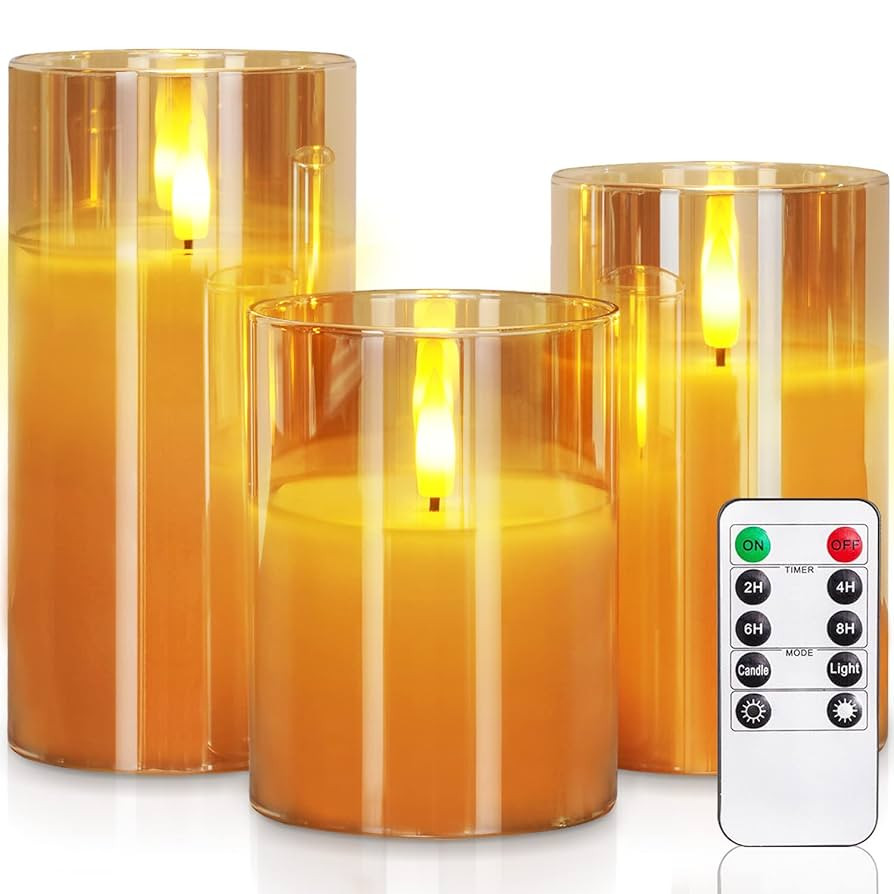 Homemory Amber Glass Flameless Candles, Battery Operated LED Pillar Candles with Remote Control a... | Amazon (US)