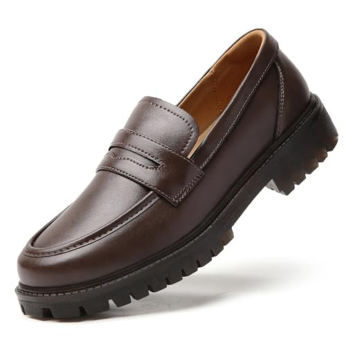 Penny Loafers for Women Brown Classic Leather Comfortable Non Slip Flats | Amazon (US)