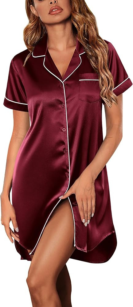 Ekouaer Women's Satin Nightshirt Button Down Sleepshirt Silk Short Sleeve Nightgown Boyfriend Not... | Amazon (US)