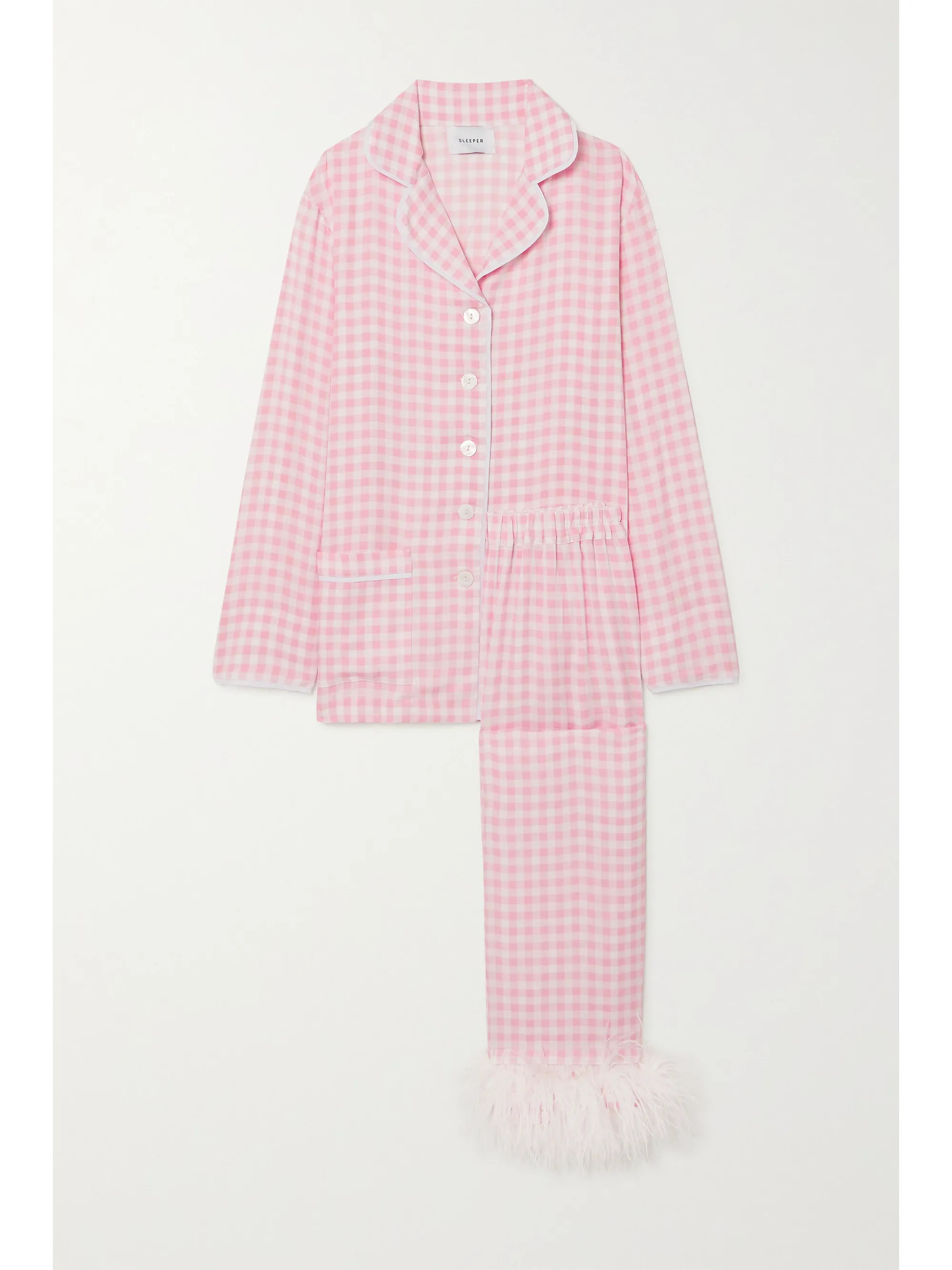 Feather-trimmed gingham crepe de chine pajama set | NET-A-PORTER (US)
