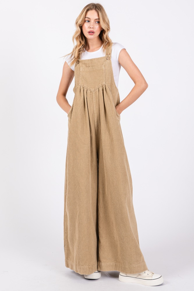 Beige Corduroy Front Pleated Wide Leg Overalls | PinkBlush Maternity