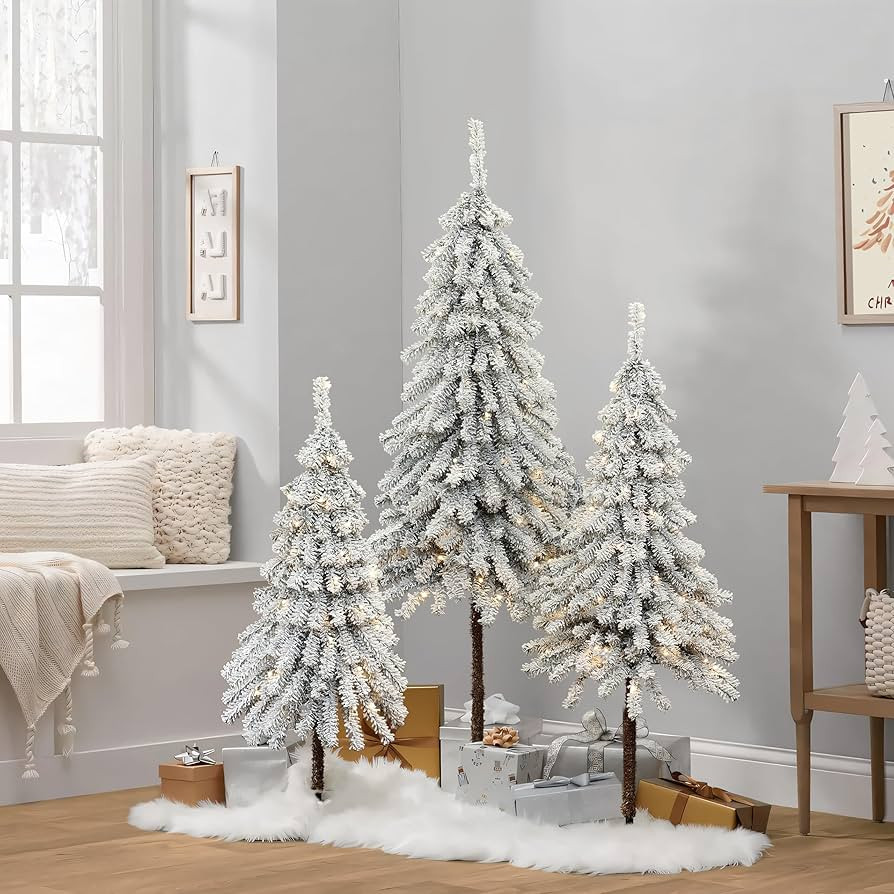 LuxenHome Set of 3 Slim Flocked Christmas Tree, 3’ 4’ 5’ Battery Operated Prelit Small Chri... | Amazon (US)
