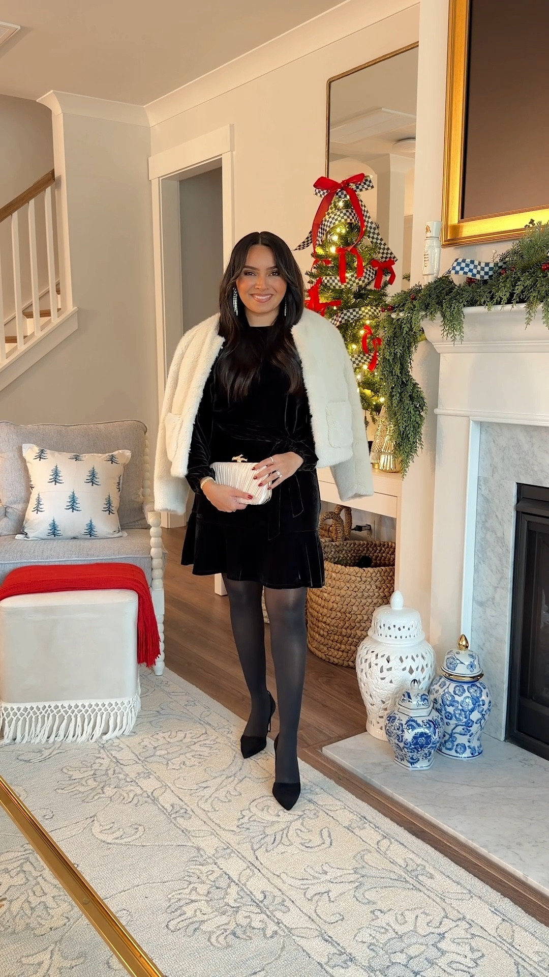 Black velvet tie waist mini dress size xxs regular TTS
Black tights size small TTS
Black platform heels size 5 TTS
Natural ivory faux fur jacket size xxs regular - runs small, should have sized up a size to be able to button.

#LTKPetite #LTKSaleAlert #LTKHoliday