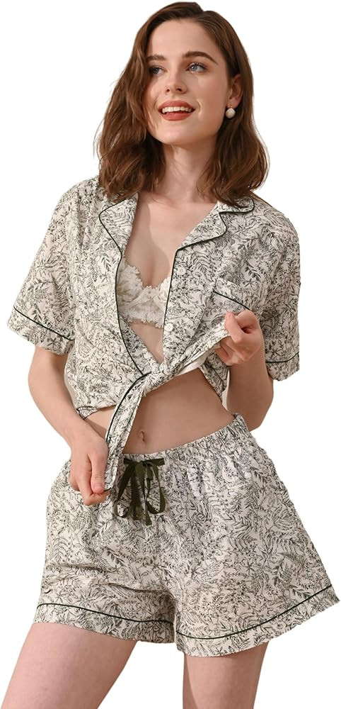 Christmas Pajama Sets, Womens Cotton PJ Sets 2 Pieces with 3 Pockets Soft Woven Short Sleeve Slee... | Amazon (US)