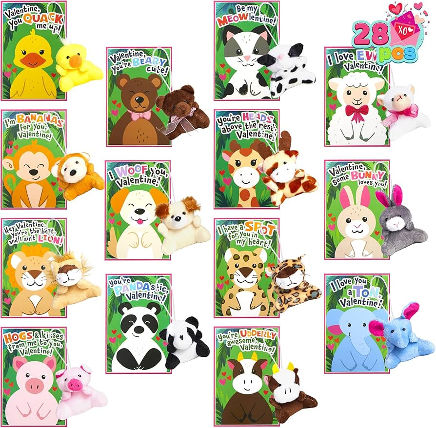 JOYIN 28 Pack Valentines Day Gifts Cards for Kids with Animal Plush Toy Key Chain Stress Relief F... | Amazon (US)