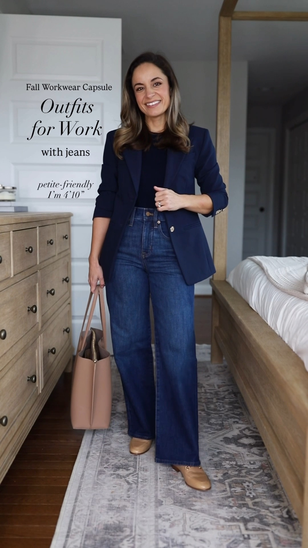 The 2026 Fall Workwear Capsule Wardrobe Series: outfits for work with jeans 

Wide Leg Jeans (J.Crew Factory): petite 24 / 10.5” rise / 28” inseam 

Orange Cardigan (Quince): xs 
Navy Sweater T-Shirt (Quince): xs 
Ivory Draped Top (Quince): xs 
Brown Ribbed Top (Quince): xs 
Wrap Cardigan (Aritzia): xs
White Button Down (J.Crew): petite 00 
Burgundy Short Sleeve Top (BR Factory): xxs 
Striped Button Down (Ann Taylor): xxs 
Brown Wide Leg Pants (BR Factory): petite 00 (doubleweave is sold out in brown, linking in black, similar option in the Hayden Pants)
Burgundy Wide Leg Pants (BR Factory): petite 00 
Navy Slim Pants (Ann Taylor): petite 00 (I’m wearing curvy, but linked both fits)
Olive Cropped Flare Pants (J.Crew): petite 0 
Tan Blazer (J.Crew): petite 00 
Navy Blazer (J.Crew): petite 00 
Trench Coat (J.Crew): petite 00 

For size comparison, I’m 4’10” 105lbs. My measurements are 32”, 24”, 36”. I typically wear petite xxs/00/24 and have a 25” ankle inseam and a 27.5-28” full length inseam.

#LTKPetite #LTKWorkwear