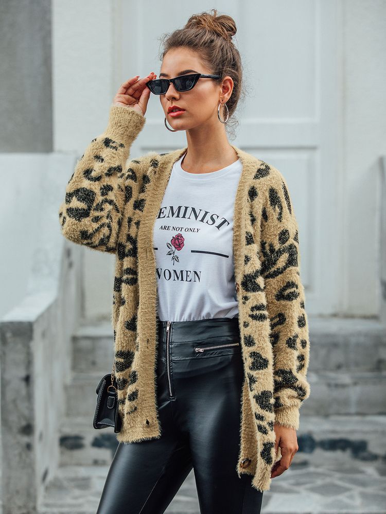 Leopard Print Button Through Fluffy Knit Cardigan | SHEIN