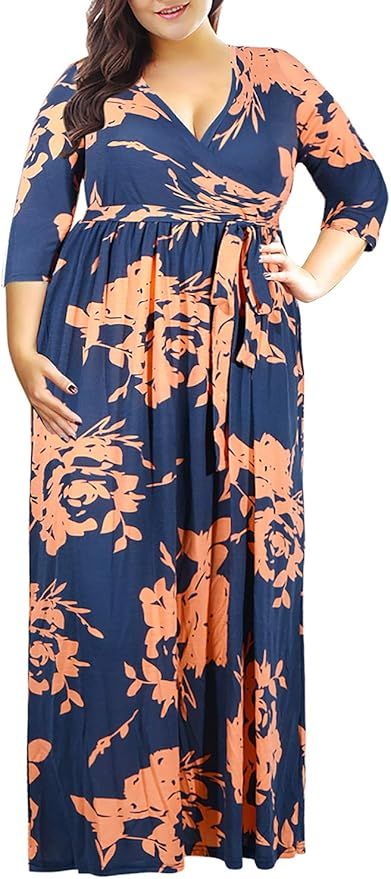 Nemidor Women's 3/4 Sleeve Floral Print Plus Size Casual Party Maxi Dress | Amazon (US)