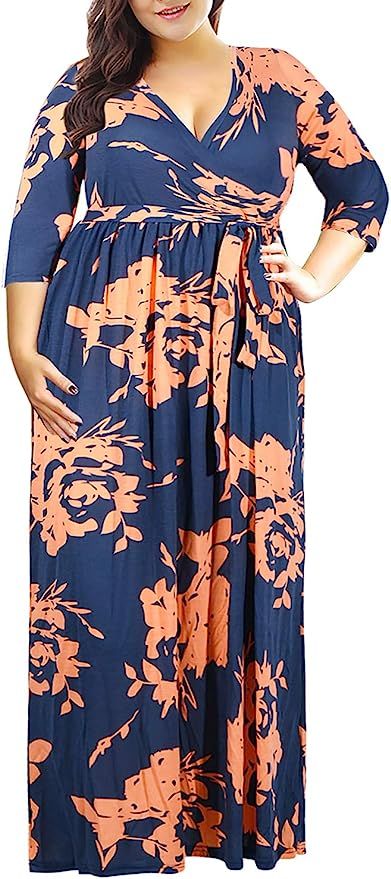 Nemidor Women's 3/4 Sleeve Floral Print Plus Size Casual Party Maxi Dress | Amazon (US)