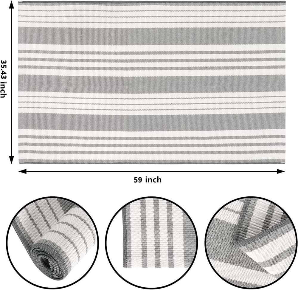 Grey and White Outdoor Rug 3'x 5' Front Porch Rug Cotton Hand-Woven Striped Rug Machine Washable ... | Amazon (US)