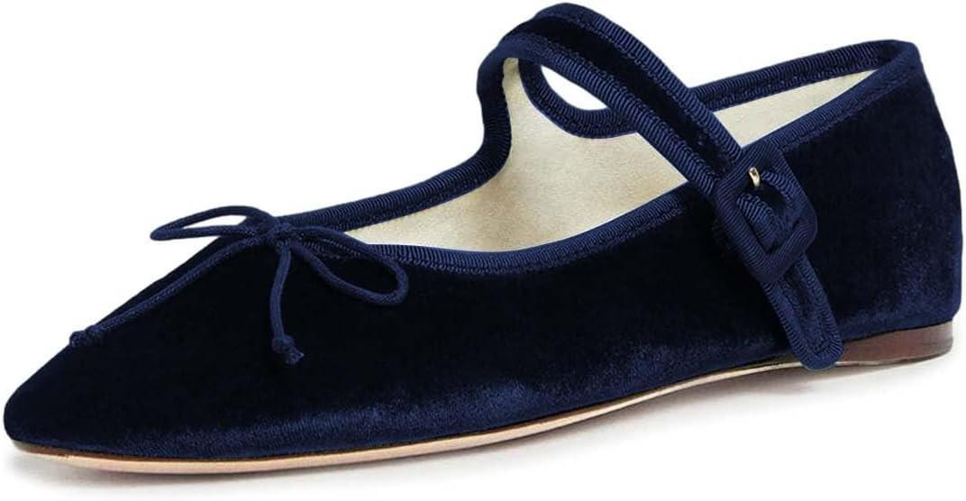miss left Women Bowknots Ankle Strap Mary Janes Classic Closed Round Toe Ballet Flats Slip On Vel... | Amazon (US)