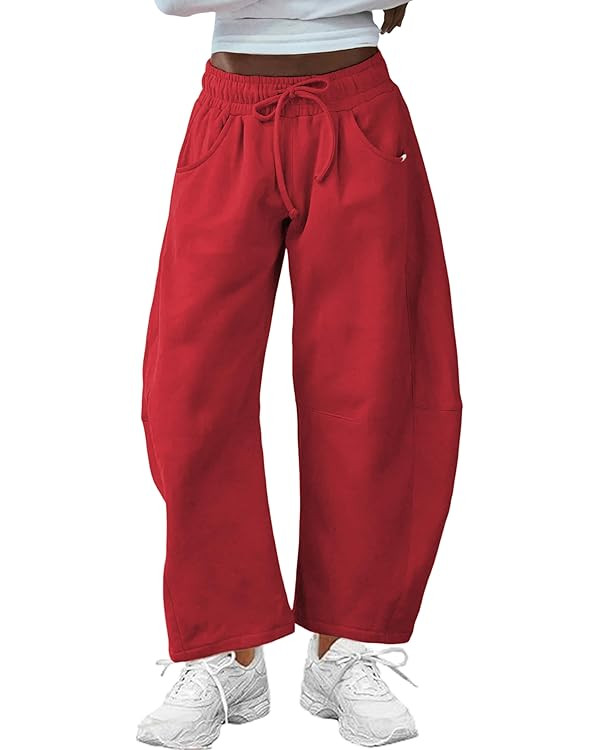 Hongsui Women's Barrel Leg Pants Elasticated Waistband Soft Wide Leg Pants with Pockets Casual Sw... | Amazon (US)