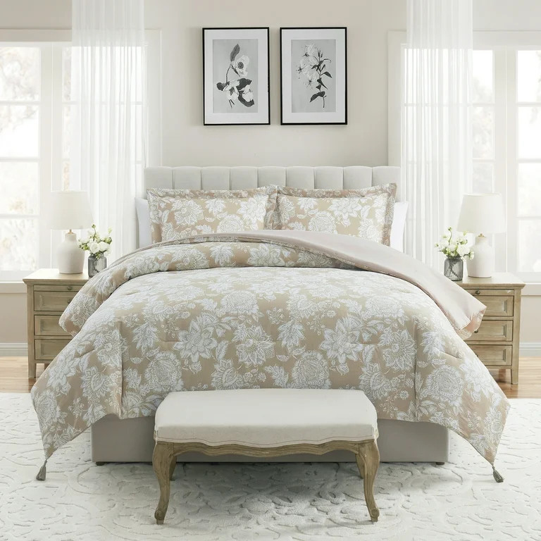 My Texas House Veronica 3-Piece White Pepper Taupe Floral Cotton Slub Comforter Set, Full/Queen -... | Walmart (US)