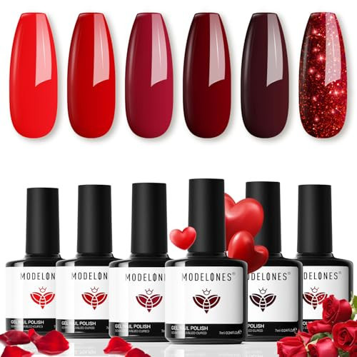modelones Gel Nail Polish Kit -6 Colors Red Gel Polish Set Burgundy Glitter Sparkle Bloody Soak Off Gel Nail Kit Manicure DIY Nail Art Salon Home Gift | Amazon (US)