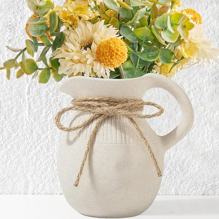 Ceramic Jug Vase, Small Farmhouse Pitcher Vase for Home Decor, Rustic Decorative Pottery Flower V... | Amazon (US)
