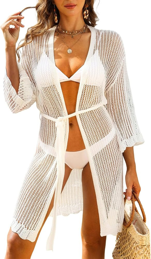 JASAMBAC Women's Swimsuit Crochet Cover Up Long Sleeve Bathing Suit Hollow Out Knit Bikini Coveru... | Amazon (US)