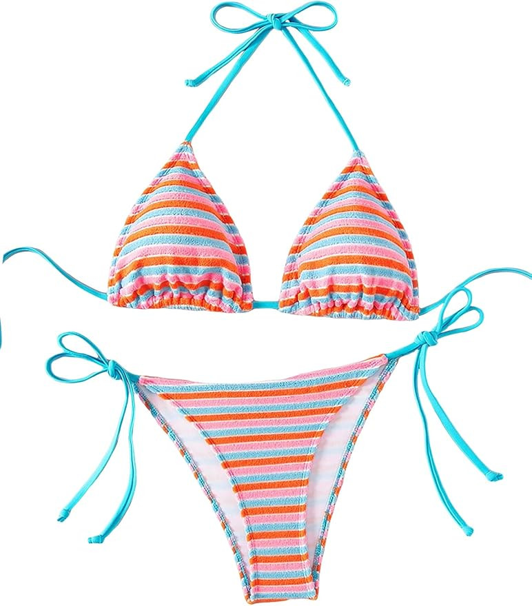 SHENHE Women's 2 Piece Swimsuit Floral Print Halter Tie Side Triangle Bikini Set | Amazon (US)