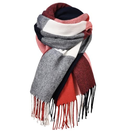 fauson Winter Scarf for Women, Winter Warm Women's Scarves, Soft Blanket Scarf Classic Tassel Plaid (Red) | Amazon (US)