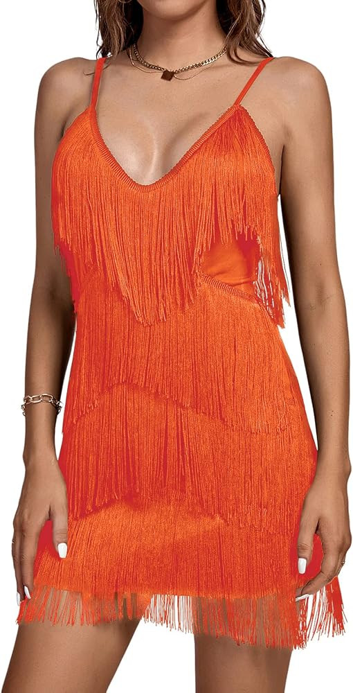 Umenlele Women's Layered Fringe Deep V Neck Cami Mini Dress Sleeveless Tassels Flapper Dresses | Amazon (US)